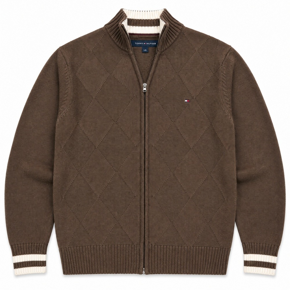 Tommy Hilfiger Mens Brown Diamond Knit Quarter Zip Sweater Striped Trim Large